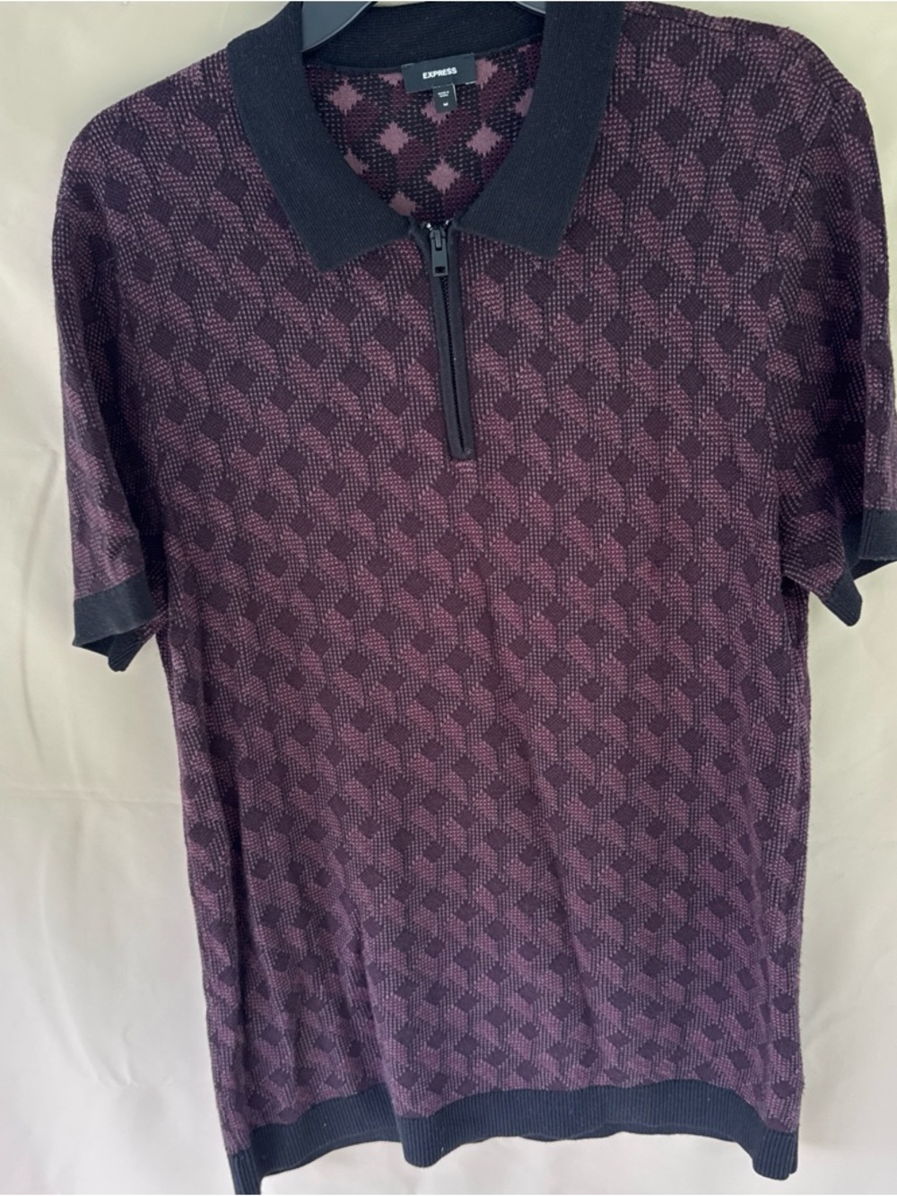 Express Men’s Plum Geometric Knit Polo with Black Trim and Zip